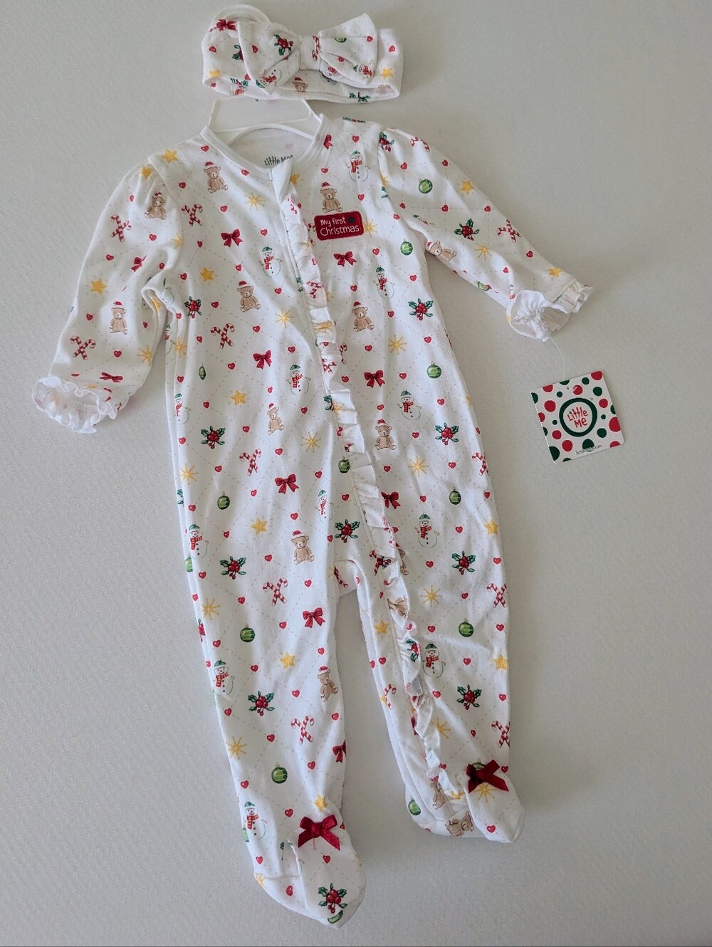 NWT Little Me Baby Girls Festive Footie Pajamas with Headband 6 Months Christmas